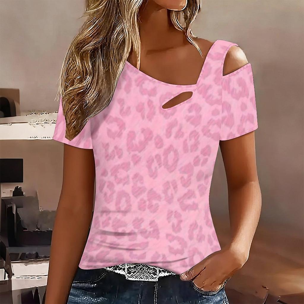 T-shirt da Donna Splicing Stampa Leopardo Spalle Scoperte Manica Corta Taglio Irregolare Scollo Cutout Blusa Top Casual Estiva