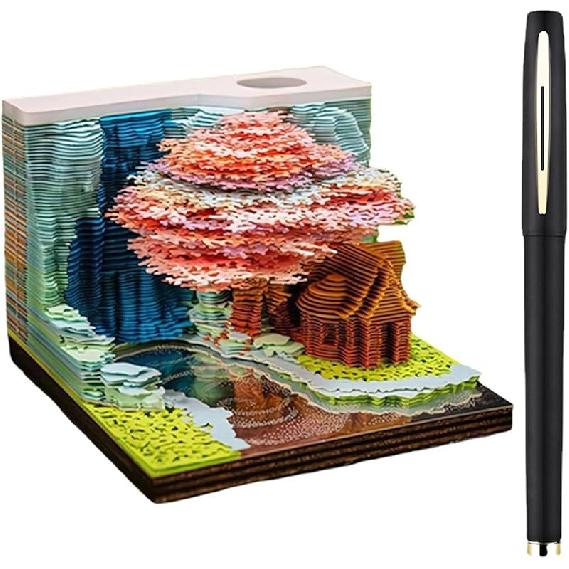 3D Desk Calendar 2025,Time Piece Calendar 2025,Tear-Away 3D Paper Art Notepad w LED Lights,Creative 3D Memo Artsy Pad Calendar, DIY Paper Carving