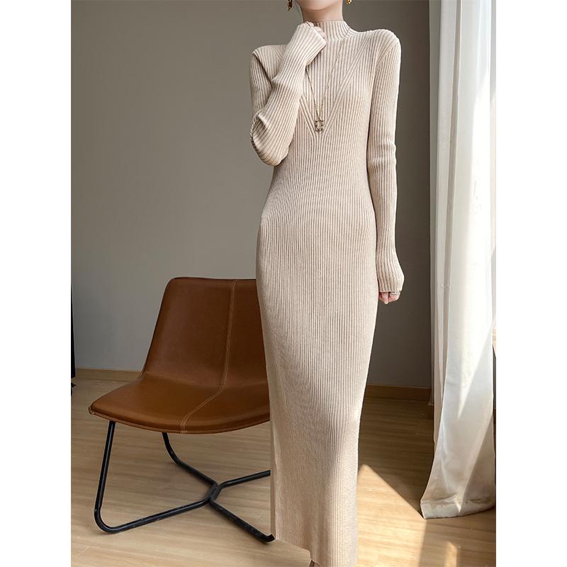 New Autumn/Winter Slimming Knit Dress for Women - Half-High Neck, Figure-Flattering, Long Length Bodycon Skirt