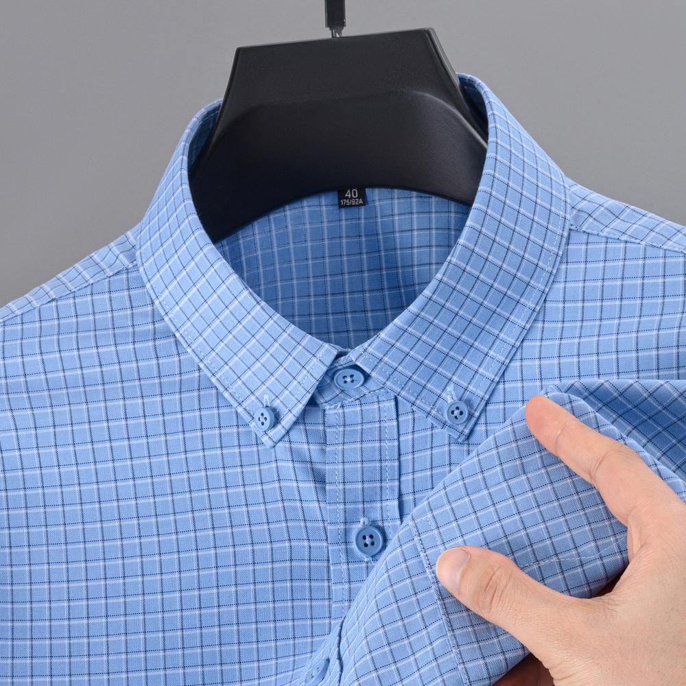 Pánské měkké pohodlné kostkované košile s dlouhým rukávem, nemačkavé modální bavlněné košile s ležérním límečkem na knoflíčky a kapsou