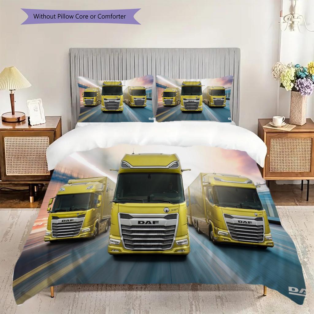 Golden Trucks Motion Bedding (1 * duvet cover + 2 * pillowcase, without core) 2D Flat Soft and comfortable Bedding set Christmas birthday gift