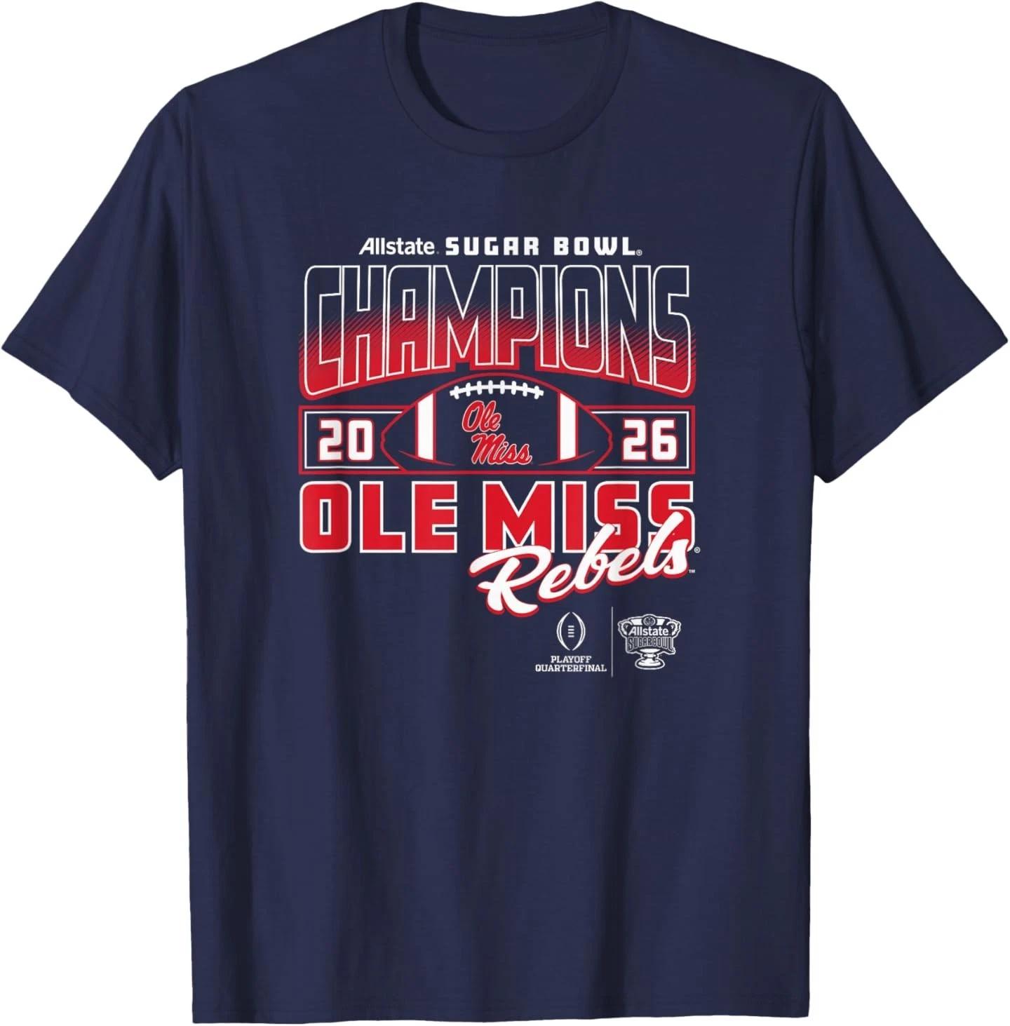 Mississippi Ole Miss Rebels Sugar Bowl Champs 2026 CFP Navy 100% Cotton T-shirt Mens Tees Top 2XL