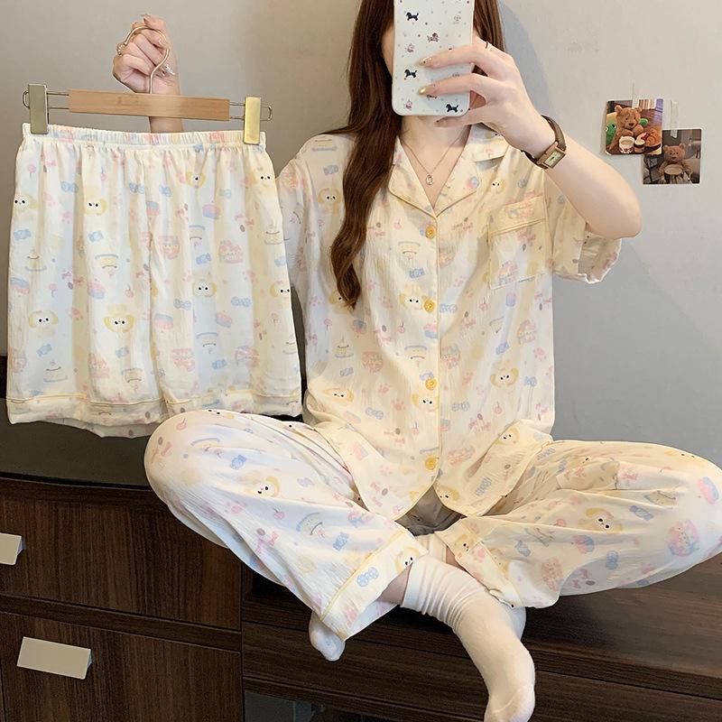 Leopard Print Love Heart Short Sleeve Pajama Set: Women's Summer Cloud Cotton Three-Piece Loungewear