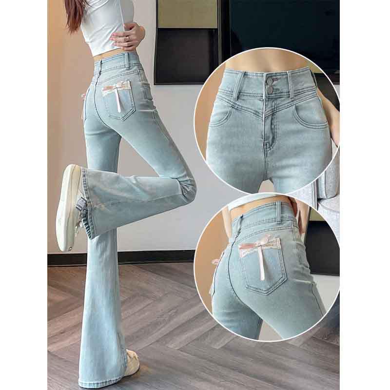 Peach Buttocks Micro-Flare Jeans: Women's High-Waisted, Light Blue, Butt-Lifting, Bow Knot, Spring 2026.