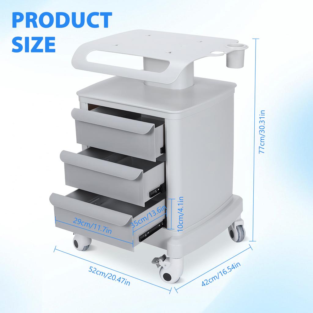 Rolling Mobile Ultrasound Trolley Cart with 3 Drawers 110LBS Load Esthetician Machine Stand for Beauty Salon Hospital Dental New