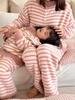 Kids' Coral Fleece Pajamas: Striped Zipper Parent-Child Set for Autumn and Winter