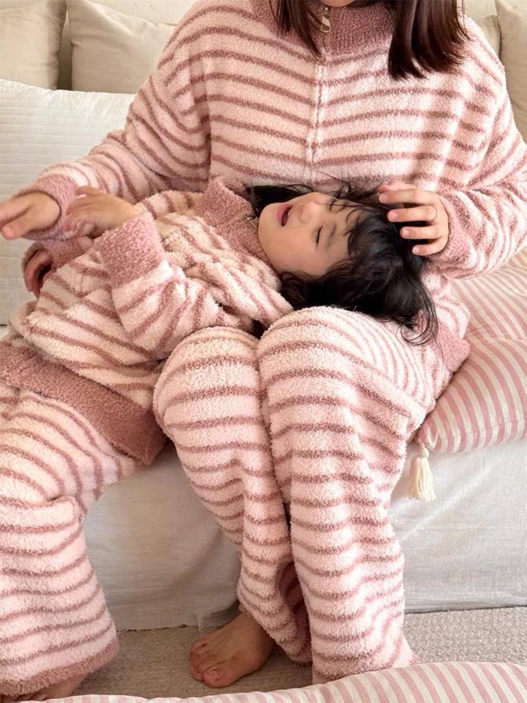 Kids' Coral Fleece Pajamas: Striped Zipper Parent-Child Set for Autumn and Winter