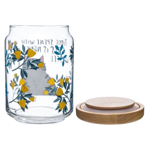 Koji Company Glass Canister with Wooden Lid, Made in Japan, "Time Spent with Cats," 640ml, Clear, 40158