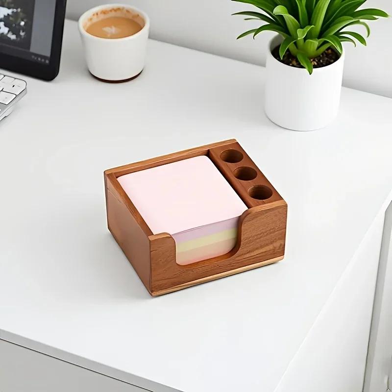Wooden Desktop Organizer with Bookends, Pen Holders & Memo Pad Holder, Multifunctional Stationery Storage Rack