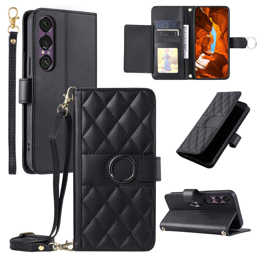 For Sony Xperia 1 VII Case Ring Buckle Wallet Stand Rhombus Crossbody Leather Mobile Cover