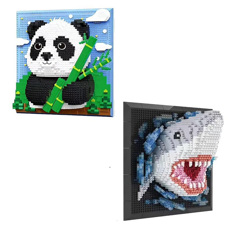 Creative Wall Art Frame Sharks Eagles Panda Model Brick DIY Micro Animal Particle 3D Painting Building Block Toys Adults Gift