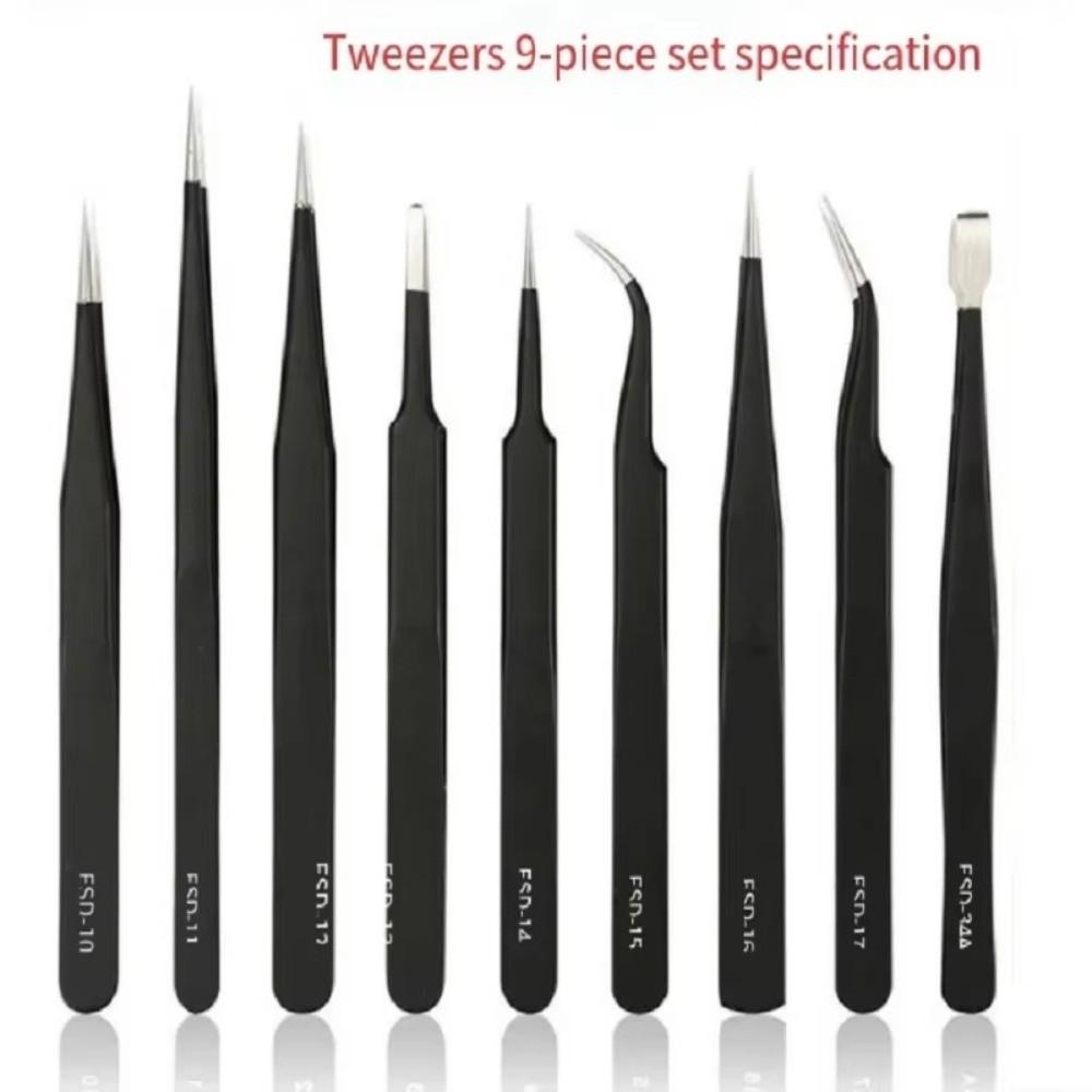 9/10/11Pcs Stainless Steel Antistatic Tweezers Anti-Static Electronic Tweezers  Mobile Phone Repair
