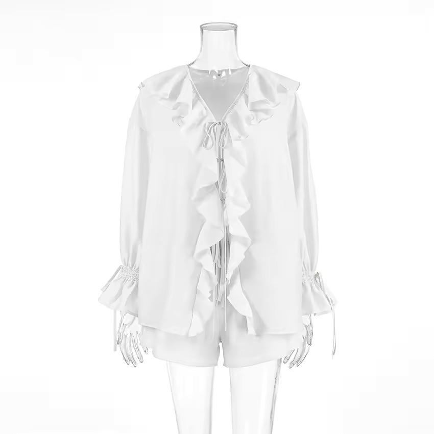 Summer Designer Ruffles Fashion Casual Suit Lace-Up Cardigan Shirt Top + Shorts Two Peice Sets Women Loose Suits