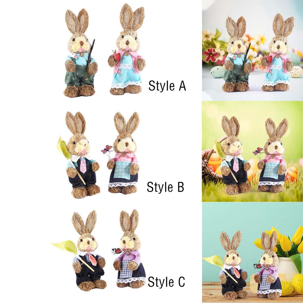 2Pcs Easter Bunny Figurines Easter Decor Cartoon Cute Creative Straw Rabbit Statue for Tabletop Yard Patio Lawn Bookshelf