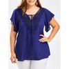 Lace V Neck Loose Women Blouse Large Size Lace-up Short Sleeve Shirts Ladies Solid Color Loose Sweet Office Elegant Fashion Simple Clothing
