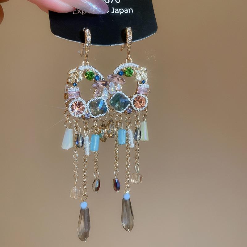 French retro super flash diamond-encrusted crystal fringed pendant long ear hook court style earrings light luxury high-end earrings
