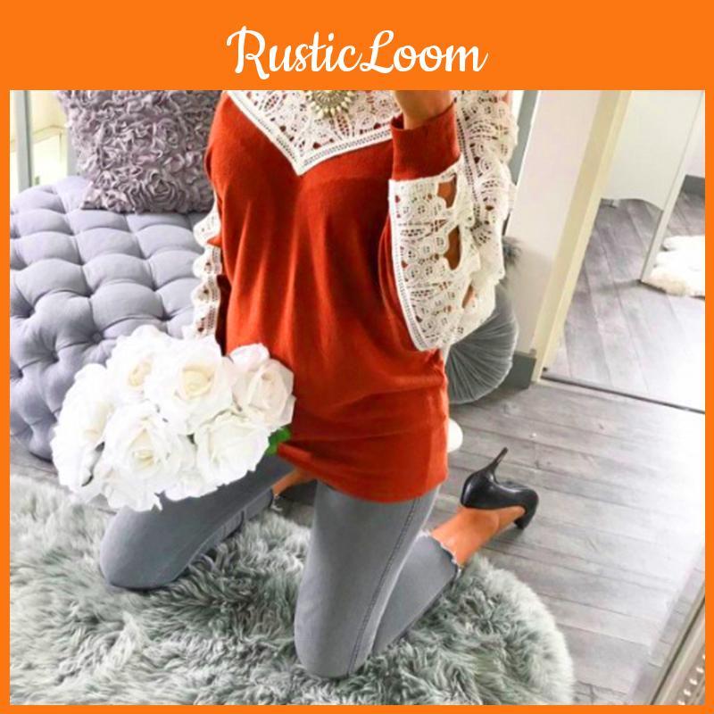 Elegant Sexy Lace Stitching Off Shoulder Crochet Blouse With Hollow Long Sleeves