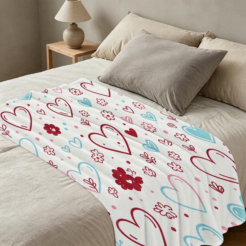 Soft Flannel Throw Blanket High-Density Velvet Feel with Love & Flower Pattern, Warm Cozy for Home, Perfect Valentine's Day Gift