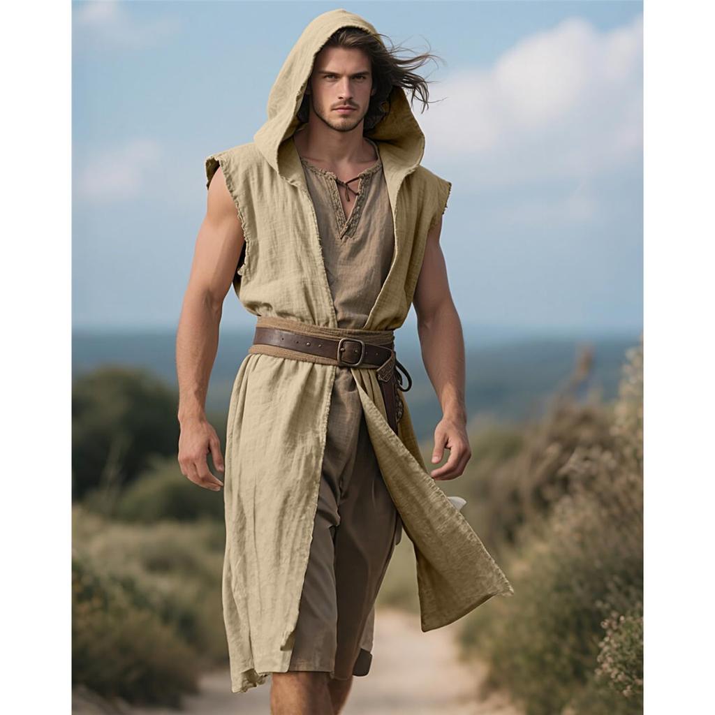 Men's Hooded Sleeveless Tunic Renaissance Robe Viking Sleeveless Vest