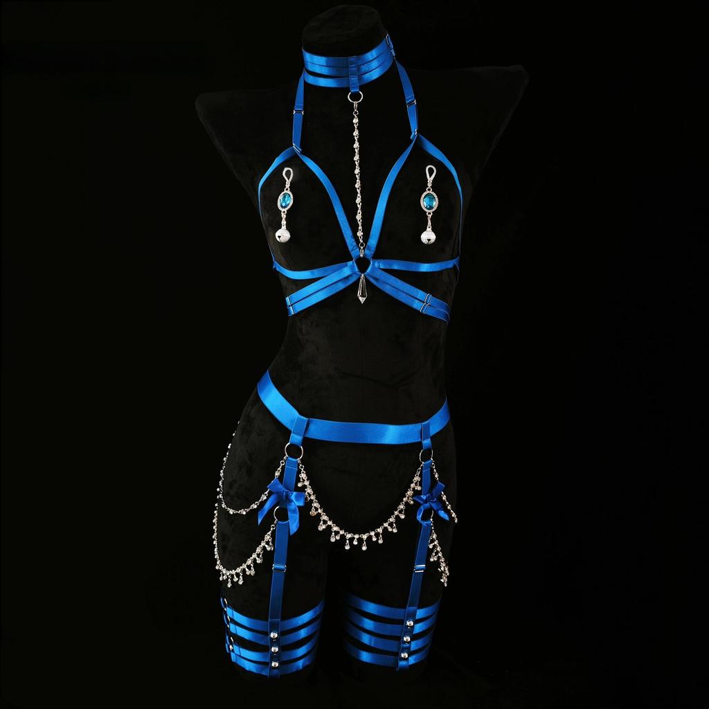 Blue Satin Body Harness with Rhinestone Chains Nipple Clamps Full Set Adjustable Lingerie Harness for Women Intimate Wear Sextoy