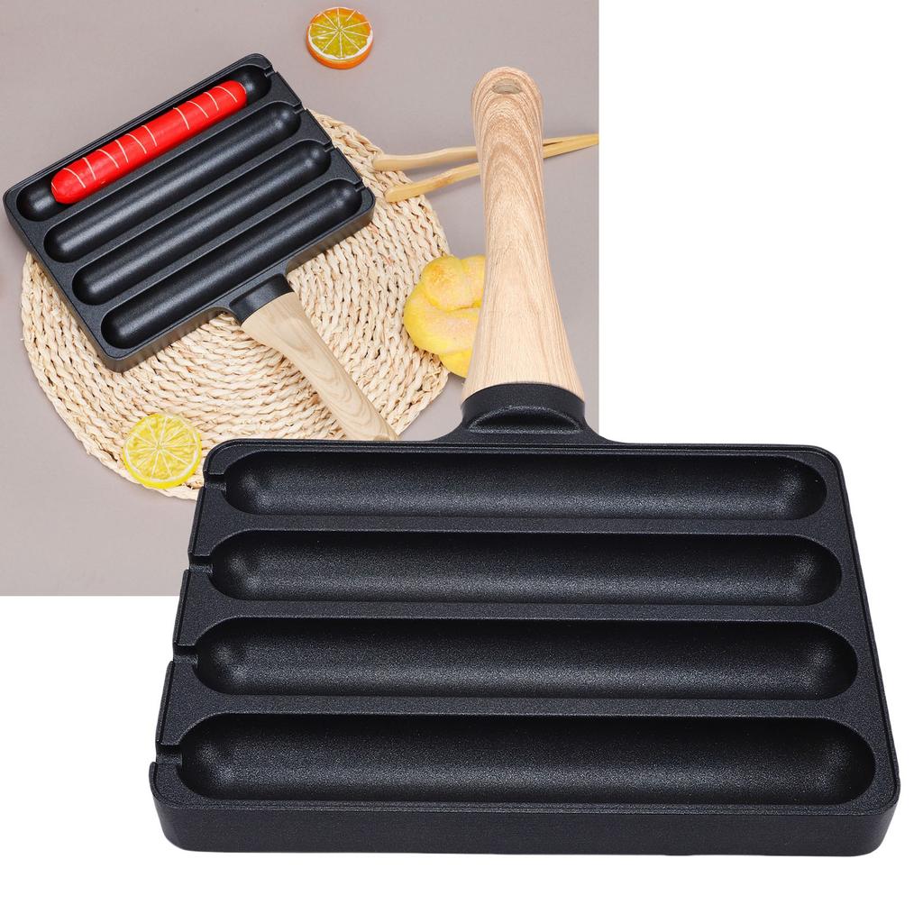 4 Slot Hot Dog Grilling Iron, Fast Heating Aluminum Alloy Grill Pan with Anti-heat Wooden Handle for Cooking Cooking Cooking In