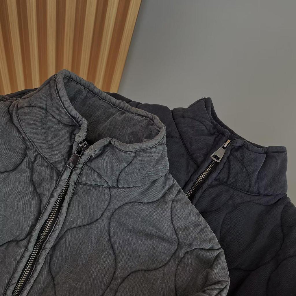 Autumn/Winter European & American Stand Collar Zipper Jacket with Large Pockets & Tie, Women's Long Sleeve Washed Cotton Coat