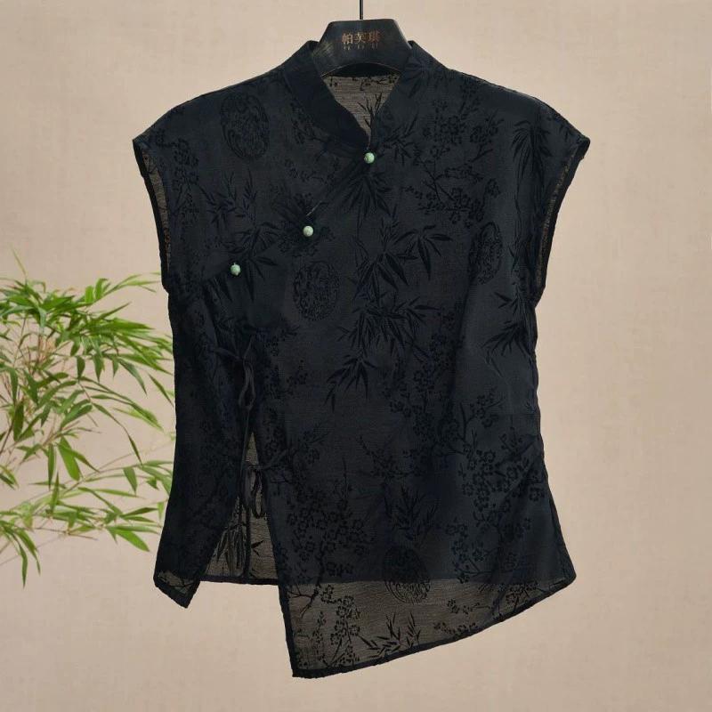 Retro Thin Shirt Chinese Style Cheongsam Top Black Jacquard Short Sleeve T-shirt Summer Mature Women's Clothing