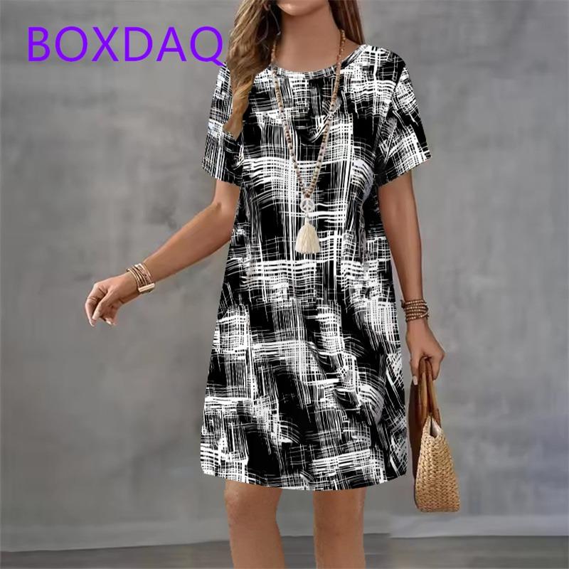 Vintage Black White Checkered Pattern Print Womens Dress New Summer Casual A-Line Dress Women Short Sleeve Loose Mini Dress