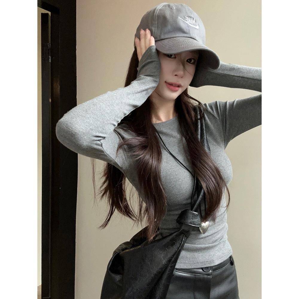 Women s Gray Raglan Sleeve Cropped Top, Round Neck, Korean Style, Slim-Fit, Early Autumn 2026 L