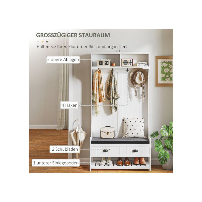 Porte-manteau - MUVOE - 2-en-1 - Blanc + gris - 4 crochets - Banc à chaussures - Rangement pratique
