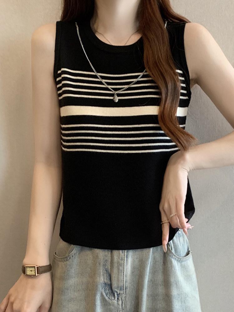 2026 Spring French Design Knit Vest Camisole - Women's Fashionable Striped Sleeveless Top