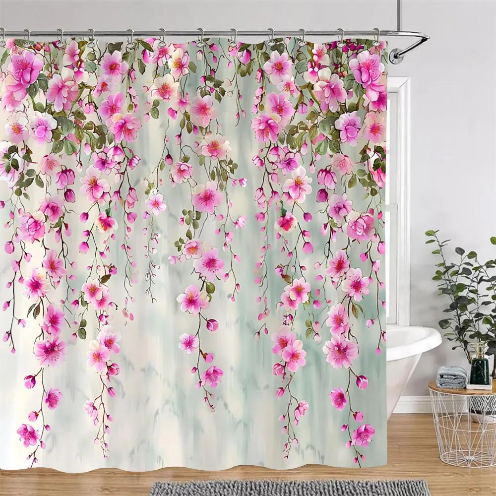 Watercolour Floral Print Shower Curtain Gorgeous Floral Rustic Flower Polyester Fabric Shower Curtains Bathroom Decor with Hooks