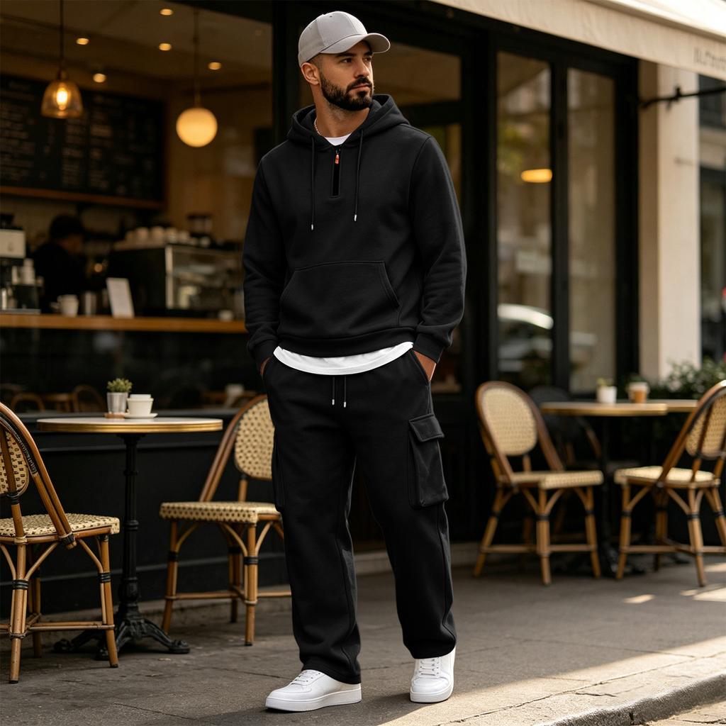 Men's Warm Lined Hooded Sweatshirt and Wide Leg Cargo Pants Set, Relaxed Fit Casual Outdoor Activewear