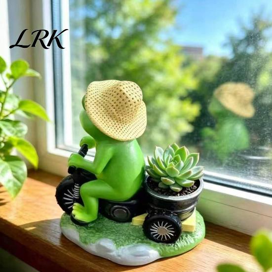 Garden Accessories for Plant Pots Cycling Frog Figurine, Creative Flowerpot, Resin Statue, Weather Resistant Charming Tabletop Decor Succulents