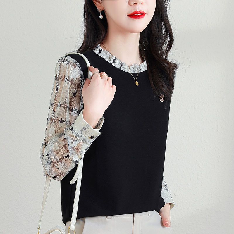 Damenbekleidung Lässiges bedrucktes Chiffon-Patchwork-Shirt Frühling Herbst Koreanischer Rundhals Stilvolle Rüschen Locker Langarmbluse