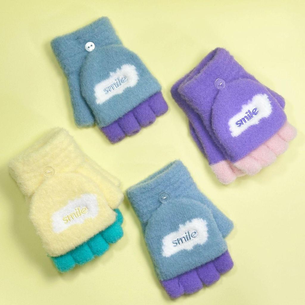 Children's Velvet Thickened Knitted Gloves: Warm, Finger-Accessible, Cartoon Design for Autumn/Winter