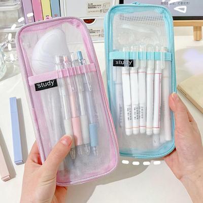 Simple Mesh Fabric Pencil Case Breathable Compact Size Large Capacity Transparent Grid Design Storage Bag