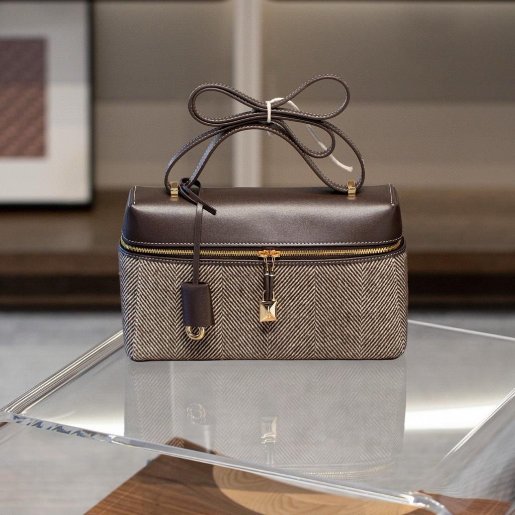 New LP27 Lunch Box Bag, Linen Fetal Cow Pattern Calfskin Box Bag, High-end Single Shoulder Crossbody Handbag, Women's