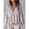 2026 Spring and Autumn Casual Sweet Ruffled Puff Sleeve Pleated Shirt Women's V-Neck Top