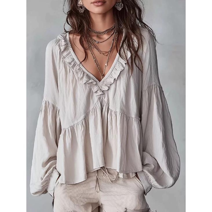 2026 Spring and Autumn Casual Sweet Ruffled Puff Sleeve Pleated Shirt Women s V-Neck Top S бежевый