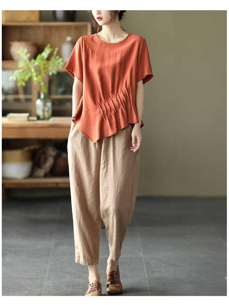 Women's Washed Cotton Elastic Waist Casual Summer Harem Pants with Lace-Up Detail