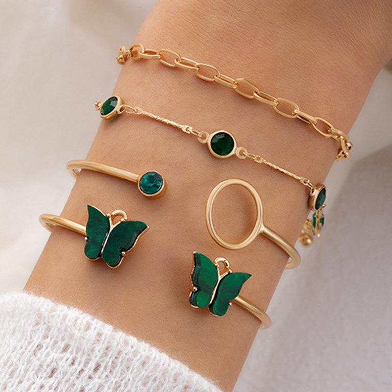 Accessories, Butterfly Imitation Gemstone Hollow Four-layer Bracelet, Geometric Opening Four-piece Bracelet Set