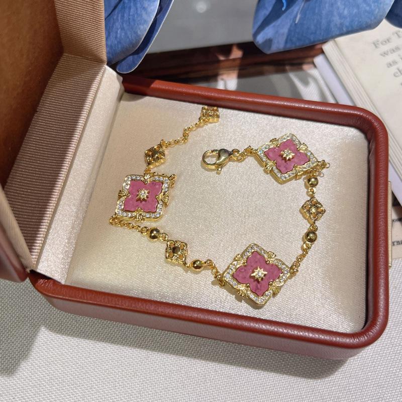 Italian Cloth Qi Lati Natural White Fritillary Four-Leaf Clover Bracelet Women'S Fashion Retro Rhombus Chalcedony Jewelry
