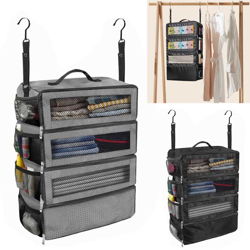 Suitcase Organizer High-capacity Travel Luggage Organizer Hanging Shelve Packing Cube Closet Collapsible Hanging Storage Bags colore grigio