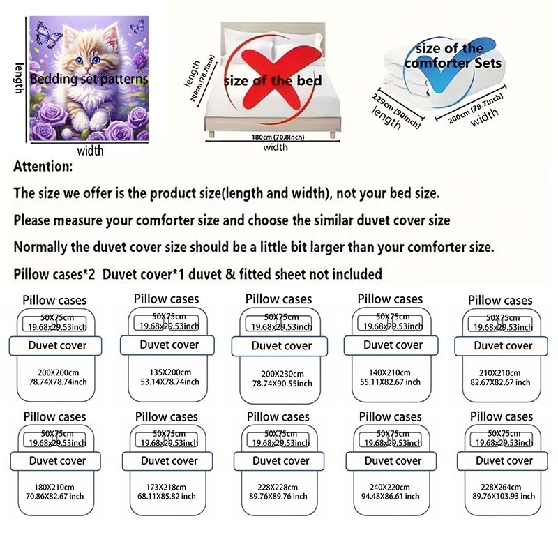 Blue-Eyed Cat Among Purple Roses Duvet Cover Set With 3D Printing Design Soft Polyester Bedding Set All-Season Comfort