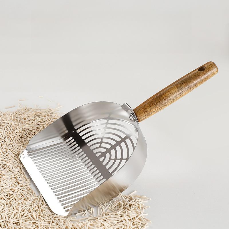 Wooden Handle Cat Litter Shovel Stainless Steel Easy To Rust Washable Kitten Litter Scoop Cats Toilet Cleaning Shovel Tool