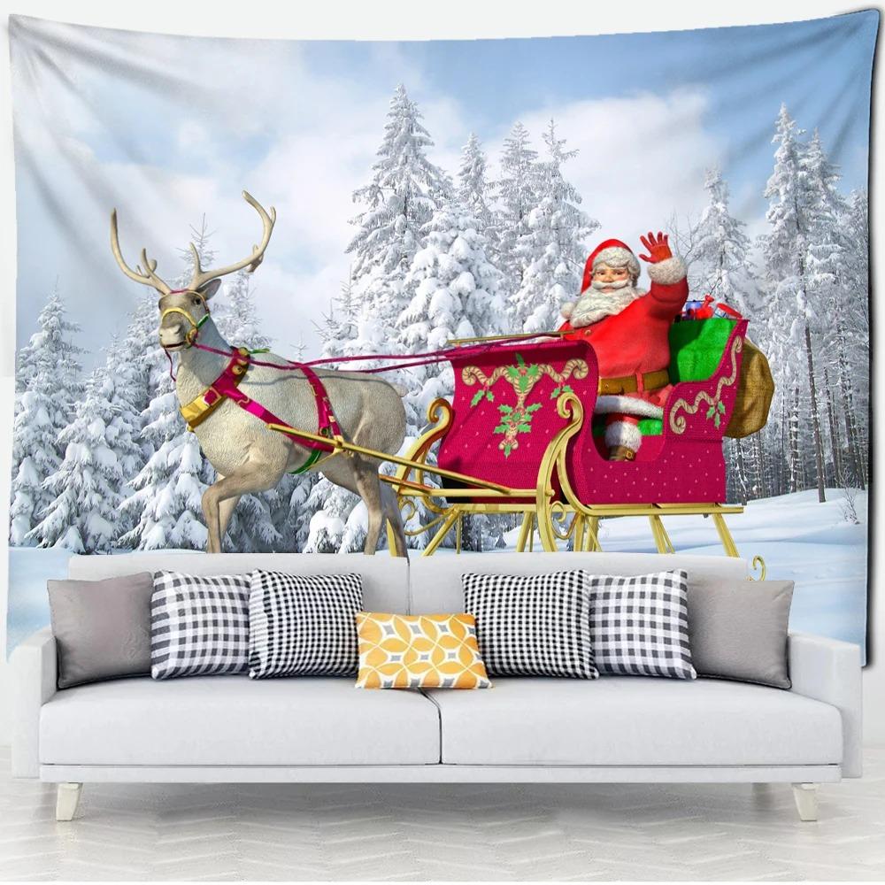 Cartoon Santa Claus Pattern Tapestry Home Bedroom Living Room Wall Decoration Christmas Theme Tapestry