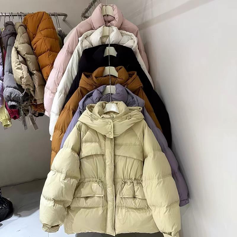 Women's Autumn Winter Down Jacket Short Hooded Single Breasted Loose Adjustable Waist Straight Tube White Duck Down Coat