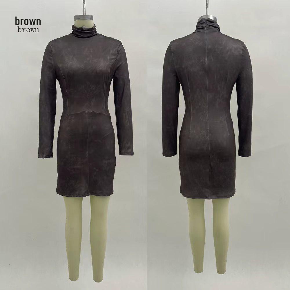 

European Autumn 2025 Fashion Sexy Slim-Fit High Neck Solid Color Dress L