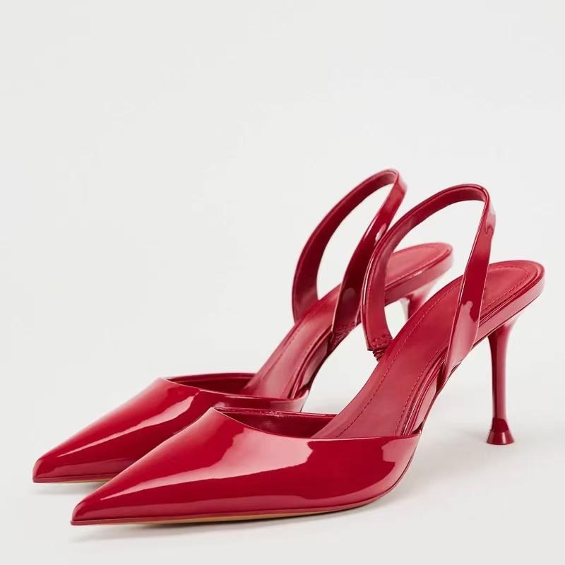 Fashion New Women's Shoes In Red Patent Leather with Shiny Surface, Pointed Temperament, Slim High Heels, Mueller Shoes, Hollow Sandals